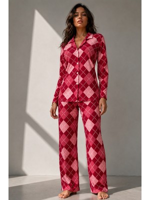 Eser Butik Kadın Uzun Kol Pamuklu Kırmızı Pijama Takımı