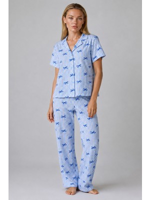 Eser Butik Mavi Kurdele Desenli Çizgili Bürümcük Pijama Takımı 4645-MAVI