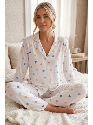 Eser Butik Renkli Kalp Desenli Uzun Kollu Pijama Takımı 4603 -Kar Beyaz
