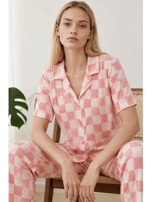 Eser Butik Kadın Kısa Kollu Rahat Pembe Pijama Takımı 4727