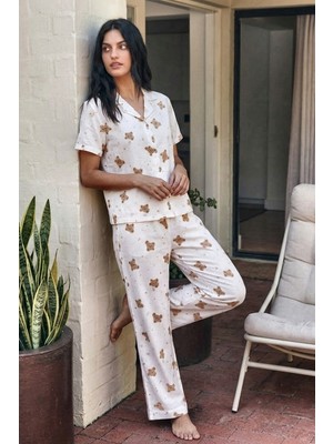 Eser Butik Viskon Karışım Homewear Kırık Beyaz Pijama Takımı