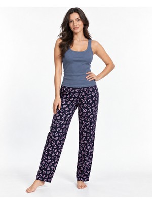 Eser Butik Kadın Çizgili Bluz Desenli Askılı Gri Pijama Takımı