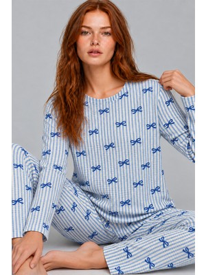 Eser Butik Kadın Desenli Ikili Mavi Rahat Pijama Takımı 4815