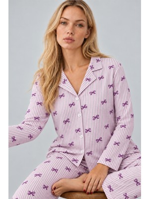 Eser Butik Kadın Gömlek Yaka Desenli Ikili Mor Pijama Takımı 4810