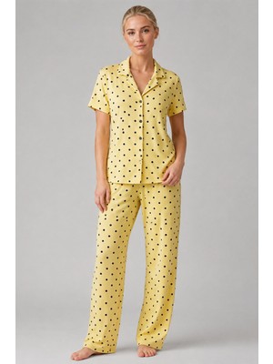 Eser Butik Sarı Puantiyeli Düğmeli Pijama Takımı 4642-SARI