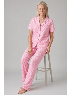 Eser Butik Ekose Fiyonk Desenli Kısa Kollu Pijama Takımı Kadın Düğmeli Uzun Alt Pembe Pijama