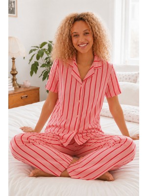 Eser Butik Pembe Kırmızı Çizgili Bürümcük Kumaş Pijama Takımı 4647-PEMBE