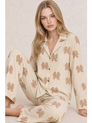 Eser Butik Kadın Uzun Kol Rahat Krem Pijama Takımı 4759