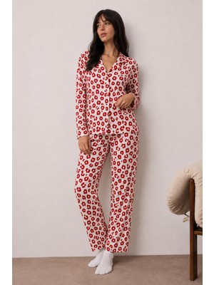 Eser Butik Kadın Uzun Kollu Düğmeli Alt Üst Uyku Kırmızı Pijama Takımı