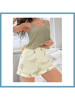 Bezos Kadın Ekru Çiçek Baskılı Şortlu Gecelik Pijama Takımı 5099 · Beden: L/xl · Renk: Ekru MBT06