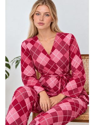 Eser Butik Kadın Desenli Ev Stili Kuşaklı Pembe Pijama Takımı 4808