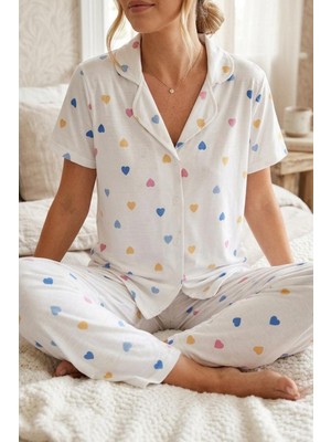 Eser Butik Renkli Kalp Desenli Düğmeli Kısa Kollu Pijama Takımı 4591 Kar Beyaz