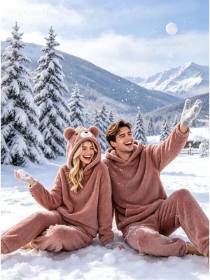 NiCe İç Giyim Ayıcık Temalı Kapuşonlu Vizon Açık Kahverengi Welsoft Peluş Yumuşacık Unisex Pijama Takımı