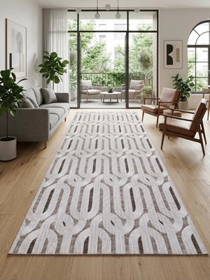 Nesrin Kaymaz Jel Taban Modern Geometrik Desenli Yolluk Yıkanabilir Koridor Mutfak Halısı Gri Bej