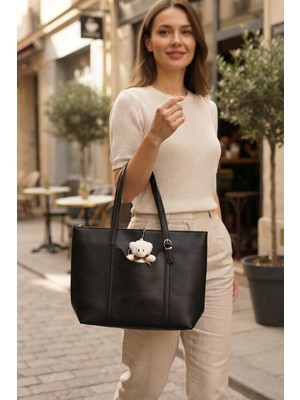 Ovzi Shop Siyah Peluş Ayıcıklı Günlük El ve Omuz Askılı Kadın Çanta