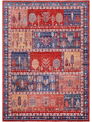 Efta Halı Özbek ZB04 Bordo Lacivert Patchwork Desenli Vintage Otantik Saçaklı Salon Halısı