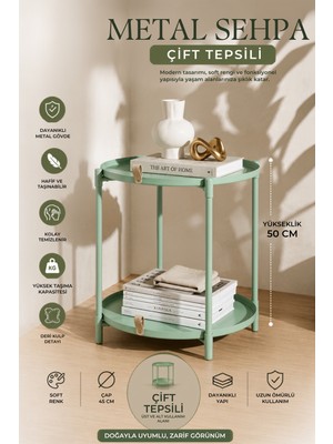 Elarque Katlanır Orta Yan Yuvarlak Sehpa Metal Ayak 44 cm Tepsi Deri Kulplu