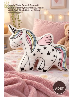 Elarque Kanatlı Yıldız Desenli Yumuşak Peluş Unicorn Yastık