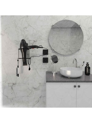 Elarque Dekoratik Siyah Yapıştırmalı Banyo Metal Saç Kurutma Makinesi Askısı
