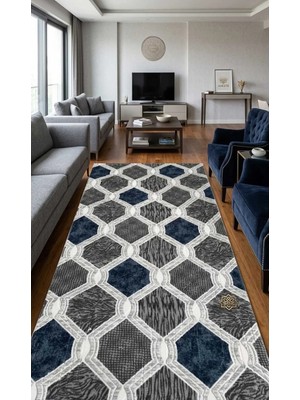 Nesrin Mavi Kaymaz Taban Dekoratif Dokuma Halı Yolluk Geometrik Petek Desen Salon Mutfak Halısı