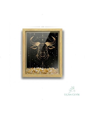 Uçan Geyik Ahşap Kenarlı Boğa Burcu Tasarımlı Sitrin Taşlı Derin Çerçeve 12X16,5CM - Duvar Dekorasyonu