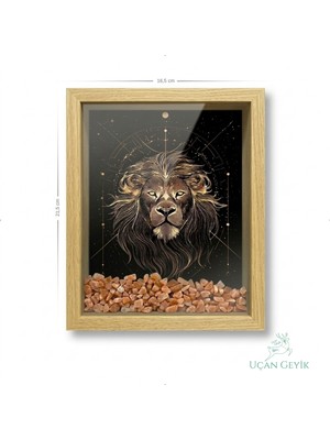 Uçan Geyik Ahşap Kenarlı Aslan Burcu Tasarımlı Güneş Taşı Derin Çerçeve 16,5X21,5CM - Duvar Dekorasyonu