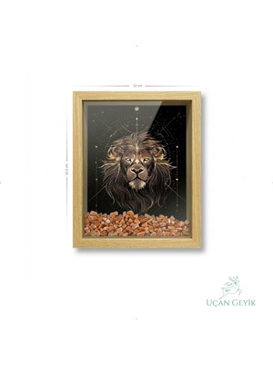 Uçan Geyik Ahşap Kenarlı Aslan Burcu Tasarımlı Güneş Taşı Derin Çerçeve 12X16,5CM - Duvar Dekorasyonu