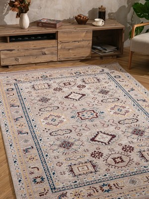 Efta Halı Kütahya KY03 Bej Geometrik Desenli Otantik Saçaklı Kilim