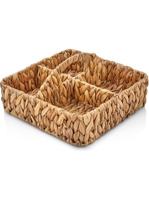 Die Grup El Yapımı Hasır Saplı Kare 4 Bölmeleli Düzenleyici Organizer, Banyo, Mutfak ve Yemek Masası Için, 28CM*28CM*8CM