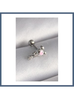 Bezos 316L Çelik Gümüş Renk Zirkon Taş Detay Pembe Kalp Işleme Tragus Piercing BZS10