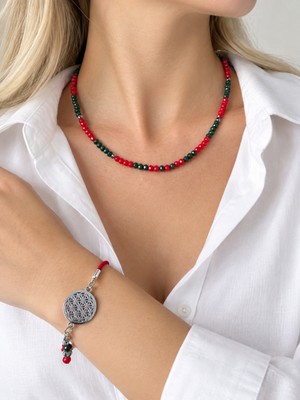 Almin Ikili Set, Kırmızı Yeşil Kristal Kolye ve Yaşam Çiçeği Bileklik