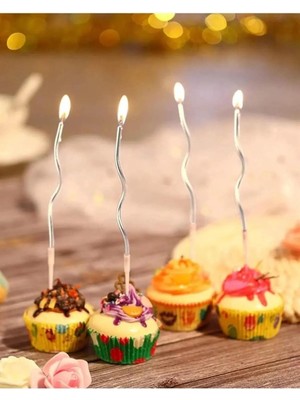Die Grup Tinky Winky Gümüş Gri Renk Parlak 6 Lı Spiral Kıvrımlı Pasta Mumu Doğumgünü Pastası Mum