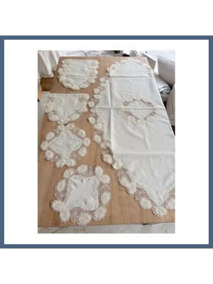 Bezos Salon Takımı Çeyizlik Krem Runner Set 5 Parça Keten Masa Örtüsü Runneri Flowers BZS10
