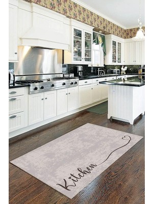 Die Grup Viva Home Bej Kaymaz Tabanlı Kitchen Yazılı Mutfak Halısı Yolluk VH090, Bej, 100 x 200