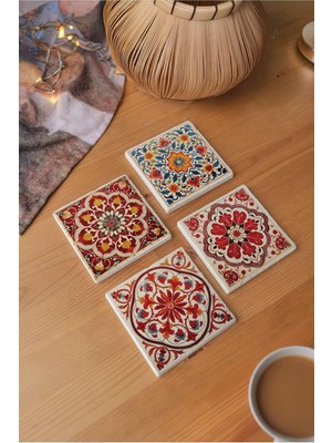 Die Grup Arslart Osmanlı ve Seramik Desenli Doğal Taş Bardak Altlığı - 4'lü Set