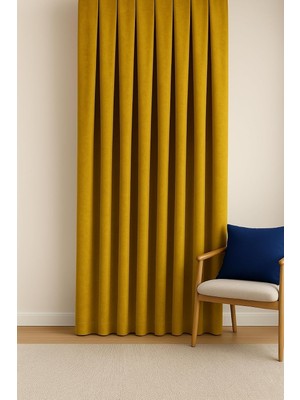 Die Grup Cortibo Barcelona Kadife Dokulu Fon Perde Koyu Sarı (Pilesiz), 140 x 270