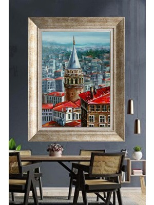 Giyense Tablo Yağlı Boya Dokulu Istanbul Galata Kulesi ve Evler Manzaralı Çerçeveli Kanvas Tablo