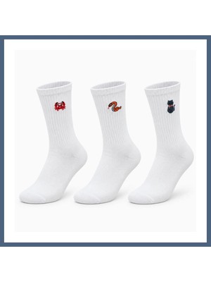 Bezos Unisex Çorap Beyaz Hayvan Nakışlı 3'lü Set Yengeç Yılan Kedi Desenli Uzun Soket Günlük Spor Çorabı BZS10