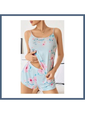 Bezos Kadın Bebek Mavisi Çiçek Desenli Askılı Şortlu Pijama Takım 5011 · Beden: S/m · Renk: Bebe Mavisi BZS10