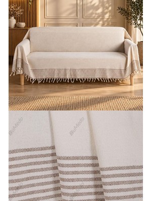 Die Grup Natural Buldan Işi Kolları Örten Kaymaz Kanepe Çekyat Koltuk Örtüsü 180X300 cm Pamuk Dokuma (Kreme Kahve)