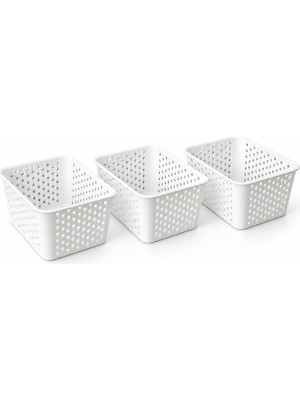 Die Grup 3 Adet Beyaz Plastik Sepet Düzenleyici Organizer Seti, Çok Amaçlı Delikli Saklama Sepeti, Çekmece Içi ve Dolap Içi Düzenleyici, Mutfak ve Banyo Organizeri, Makyaj Malzemesi, Kırtasiye