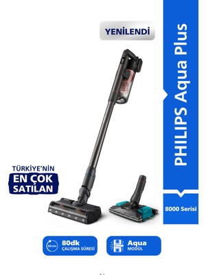 Philips 8000 Serisi Aqua Plus Kablosuz Dik Süpürge, 360 Emiş, LED Başlık, 80 dk'ya Kadar Kullanım, XC8153/10