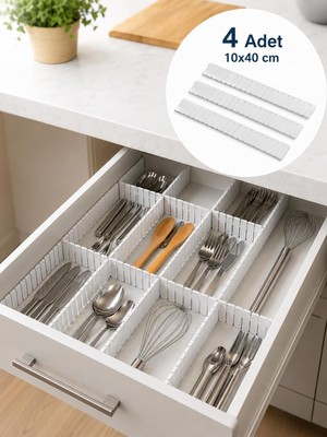 Die Grup 4'lü Çekmece Içi Düzenleyici 10X40 cm Custom Organizer Isteğe Göre Kesilebilir Dolap Çekmece Içi Makyaj Çatal Kaşık Bıçak Düzenleyici Beyaz