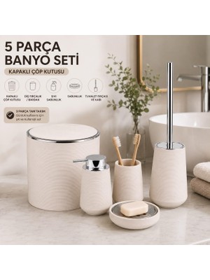Die Grup 5 Parça Banyo Seti, Kapaklı Çöp Kutusu, Sıvı Sabunluk, Diş Fırçalık, Sabunluk ve Tuvalet Fırçası, Şık Modern Tasarım, Dekoratif Banyo Aksesuar Seti, Ev ve Otel Kullanımı