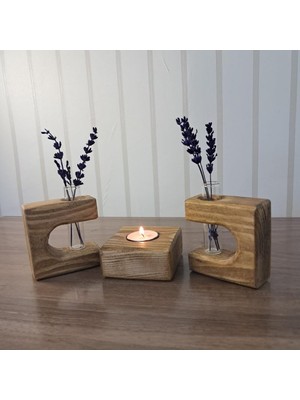 Die Grup Doğal Ahşap Vazo ve Mumluk Seti, El Yapımı Çam Ağacından, 9x9 Cm, 3'lü Set, Cam Tüp Vazolar ve Tealight Mum Dahil, Rustik Dekoratif Tasarım (Antik Mese)