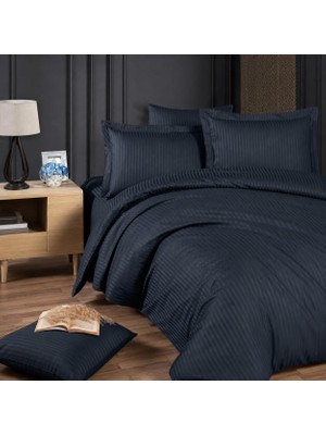 Die Grup Çizgili Saten Nevresim Takımı, Çift Kişilik 4 Parça | Pamuklu Saten, Yumuşak ve Serin | Nevresim 200X220, Çarşaf 240X260, 2 Yastık Kılıfı 50X70 cm | Siyah