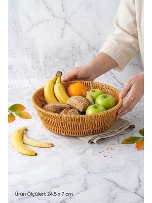 Die Grup Yuvarlak Rattan Ekmek Sepeti 24.5x7 cm - El Örmesi Hasır Meyvelik ve Sunum Sepeti