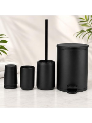 Die Grup Akrilik Banyo Seti 5 Parça, Çöp Kovası, Tuvalet Fırçası, Sıvı Sabunluk, Diş Fırçalık ve Bardak, Modern Tasarım, Dekoratif Banyo Aksesuar Seti, Mat Siyah