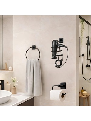 Die Grup Yapışkanlı Banyo Aksesuar Seti,yuvarlak Havluluk,fön Makinesi Askısı,tuvalet Kağıdı Tutucu, Delme Gerektirmez,vida Gerektirmez (Set2)