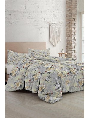 Die Grup King Size Gri Sarı Güller Lüks Çift Kişilik Pamuk Saten Nevresim Takımı 220X240CM, MONOHOME44343